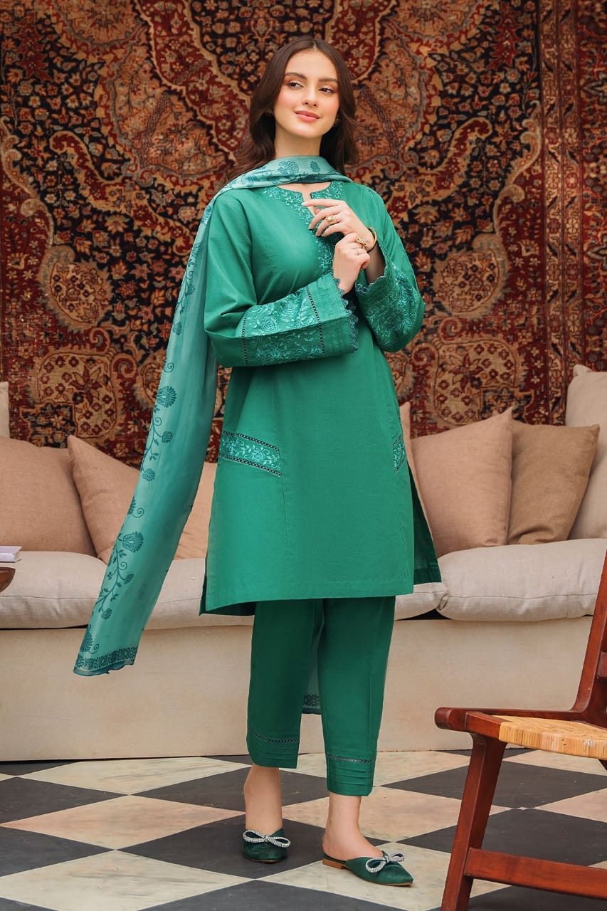 ZIVA - 3PC DHANAK EMBROIDERED SHIRT WITHWOOL PRINTED SHAWL & TROUSER-EP-5167