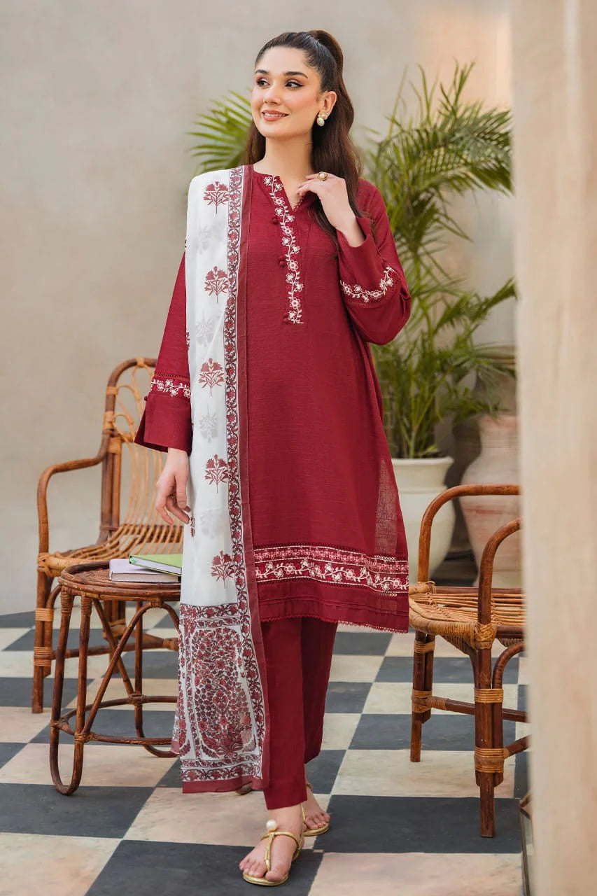 ZIVA - 3PC DHANAK EMBROIDERED SHIRT WITH KOTARAI PRINTED SHAWL  AND TROUSER-EP-5166