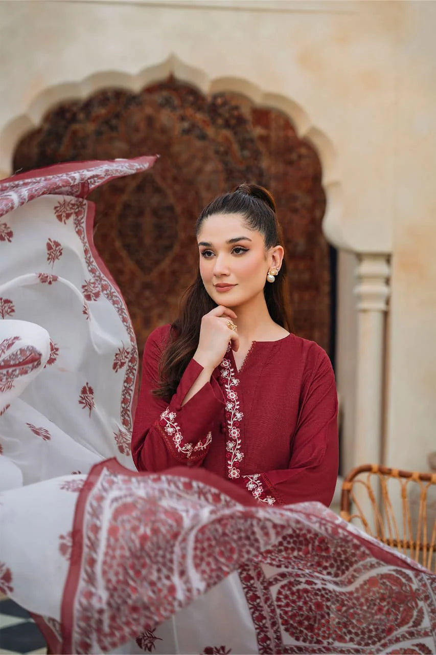 ZIVA - 3PC DHANAK EMBROIDERED SHIRT WITH KOTARAI PRINTED SHAWL  AND TROUSER-EP-5166