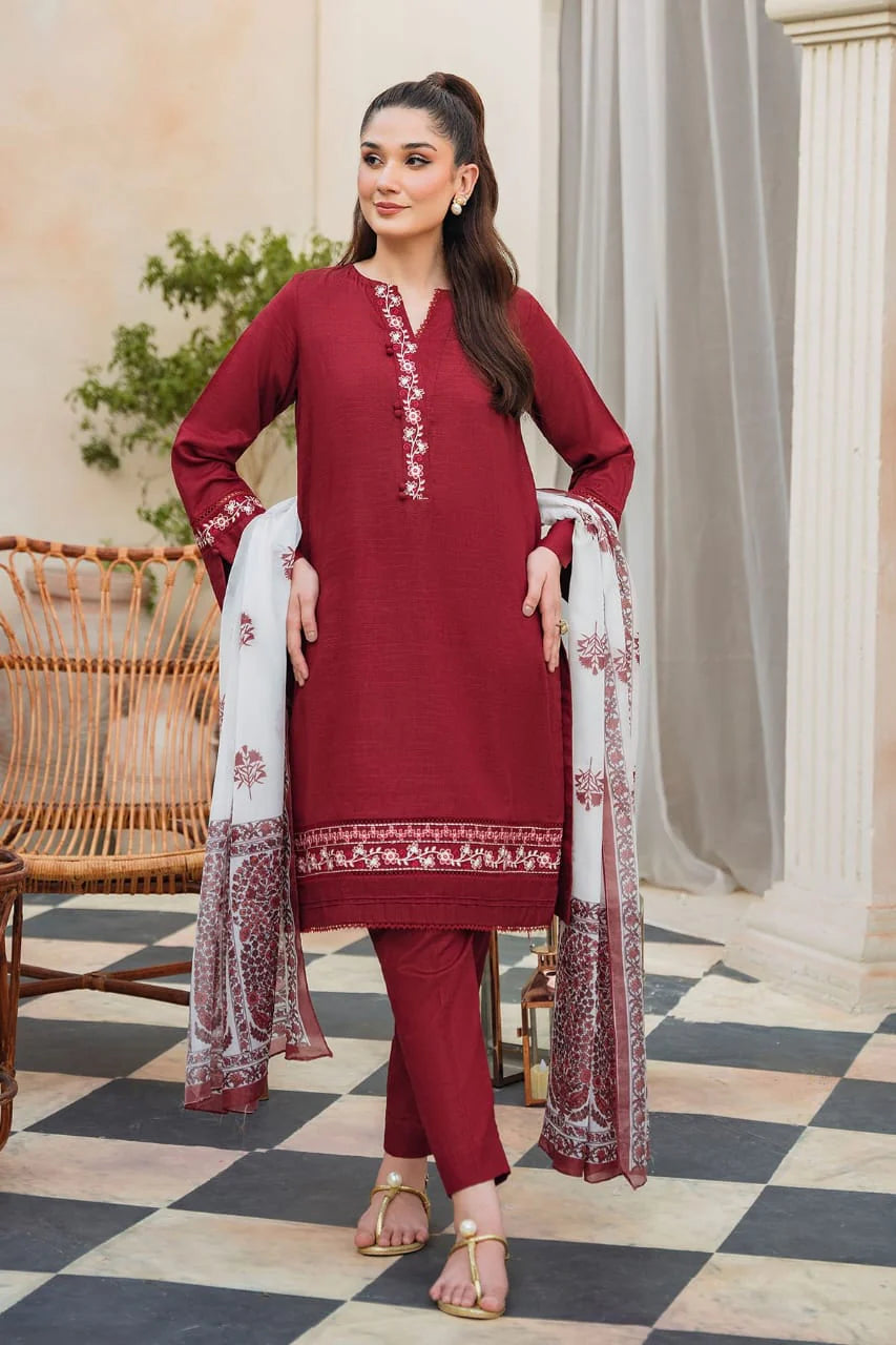 ZIVA - 3PC DHANAK EMBROIDERED SHIRT WITH KOTARAI PRINTED SHAWL  AND TROUSER-EP-5166