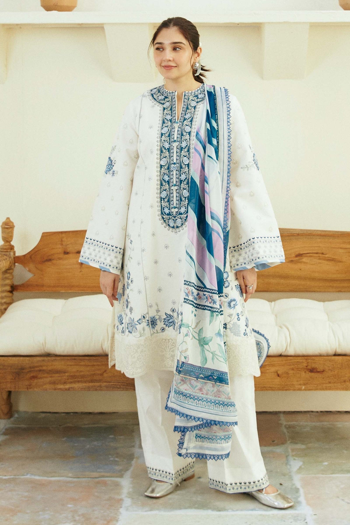 ZAHRA SHAHJAHAN- 3PC DHANAK EMBROIDERED SHIRT WITH WOO PRINTED SHAWL & EMB TROUSER-EP-2844 WHITE