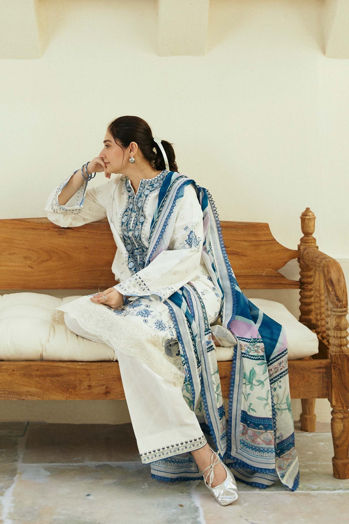 ZAHRA SHAHJAHAN- 3PC DHANAK EMBROIDERED SHIRT WITH WOO PRINTED SHAWL & EMB TROUSER-EP-2844 WHITE