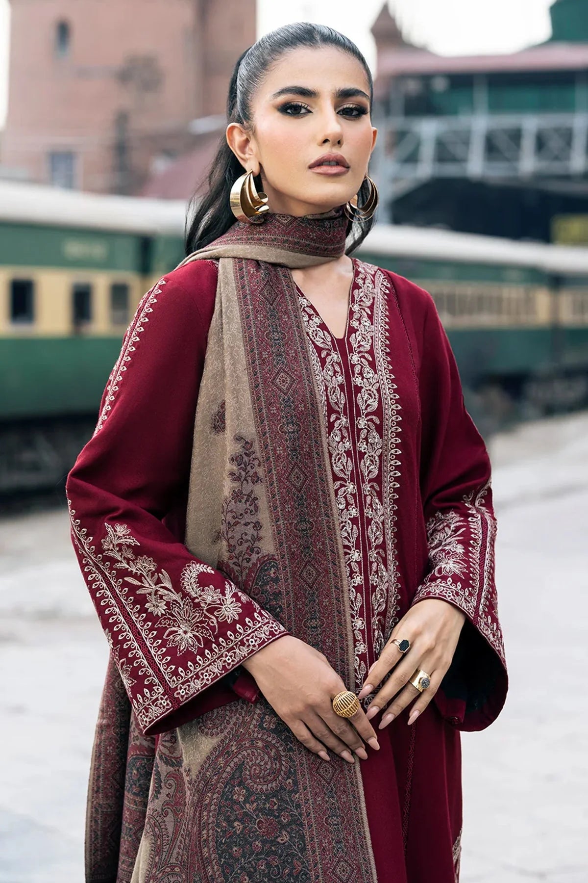 IZEL - 3PC DHANAK EMBROIDERED SHIRT WITH TWILL PRINTED SHAWL & TROUSER -EP-5414