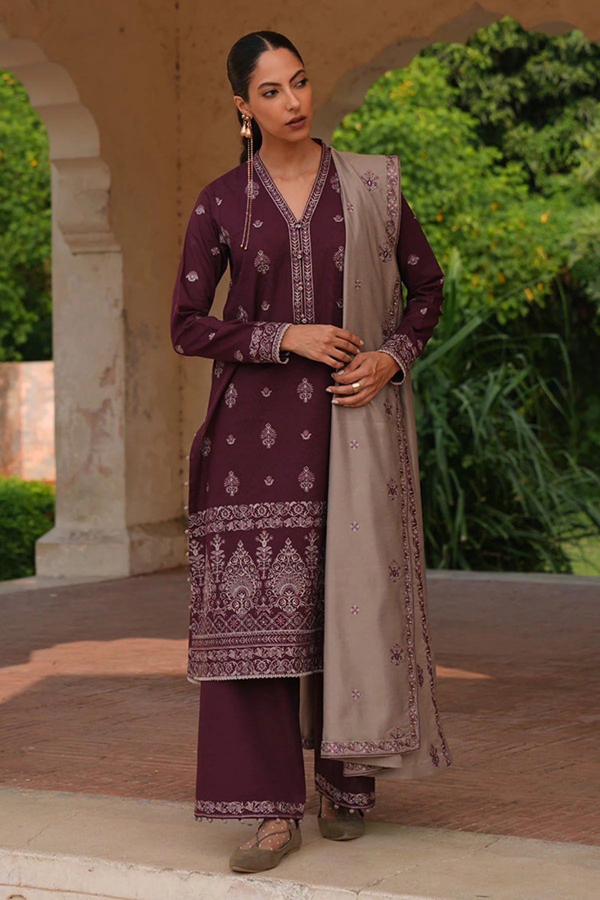 IMAGE - 3PC DHANAK EMBROIDERED SHIRT WITH DHANAK EMBROIDERED SHAWL AND TROUSER -EP-5412