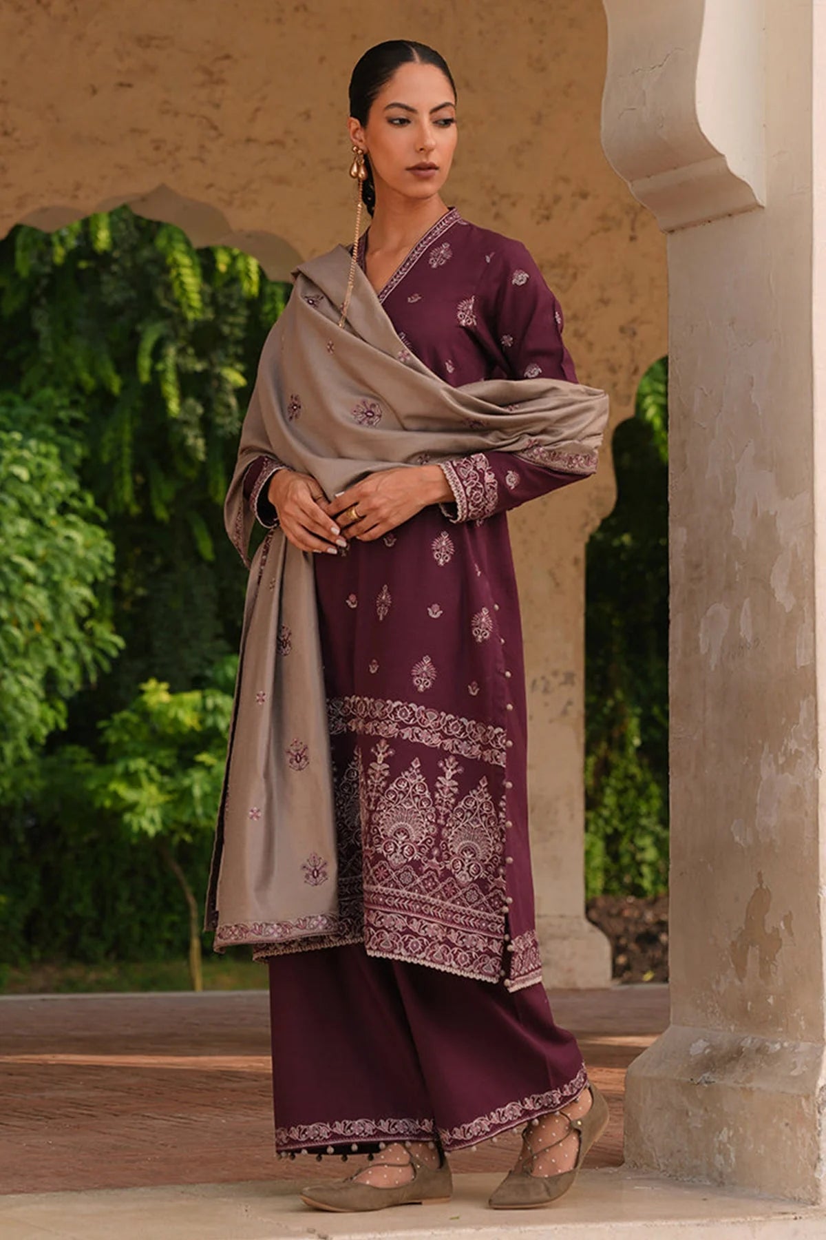 IMAGE - 3PC DHANAK EMBROIDERED SHIRT WITH DHANAK EMBROIDERED SHAWL AND TROUSER -EP-5412