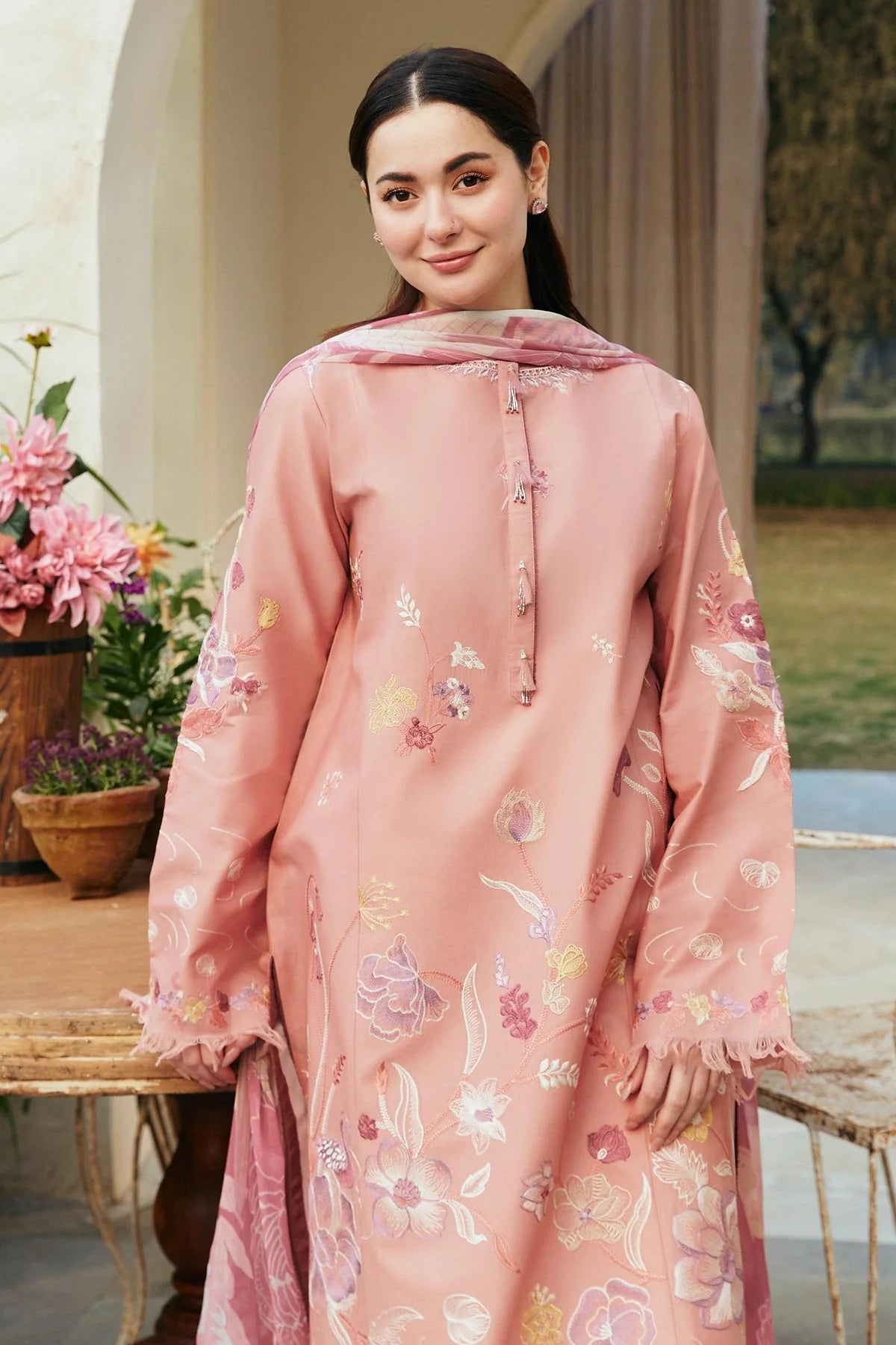 ZAHRA SHAHJAHAN- 3PC DHANAK EMBROIDERED SHIRT WITH WOOL PRINTED SHAWL & EMB TROUSER-EP-2739