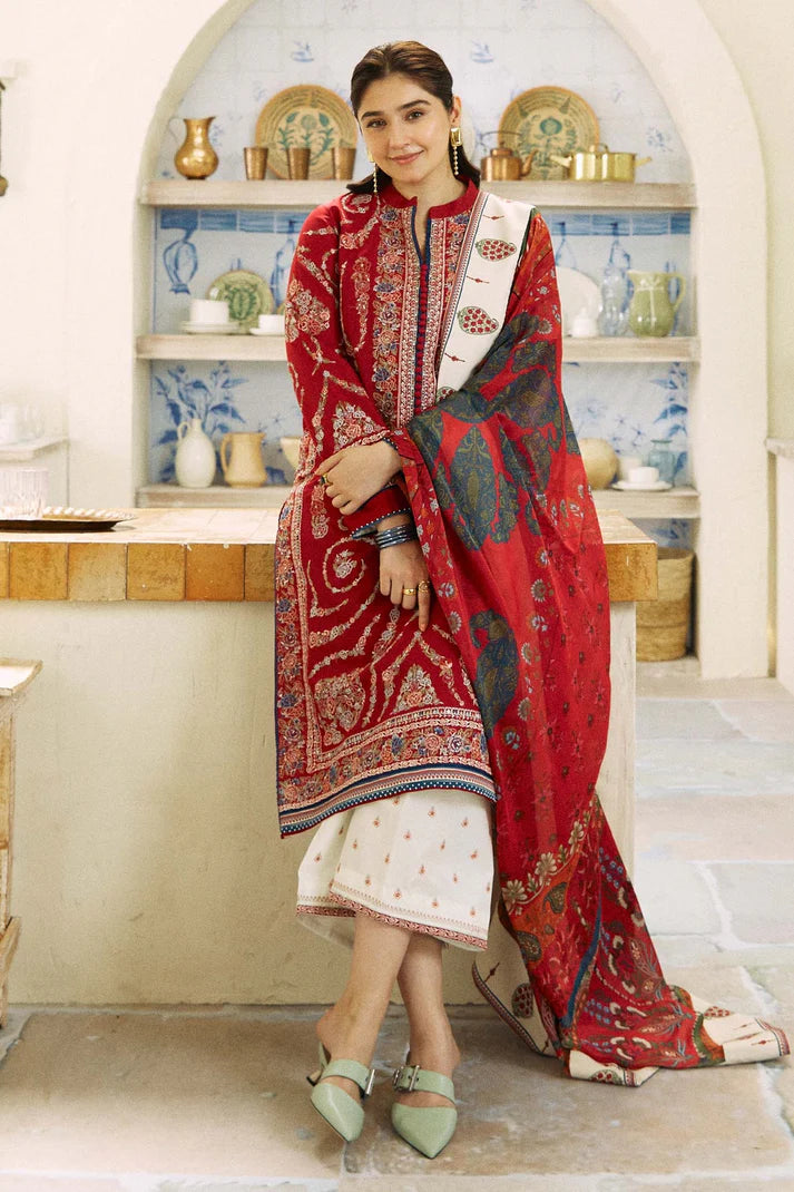 ZAHRA SHAHJAHAN- 3PC DHANAK EMBROIDERED SHIRT WITH COUTURE PRINT SHAWL AND EMBROIDERED TROUSER-EP-5342