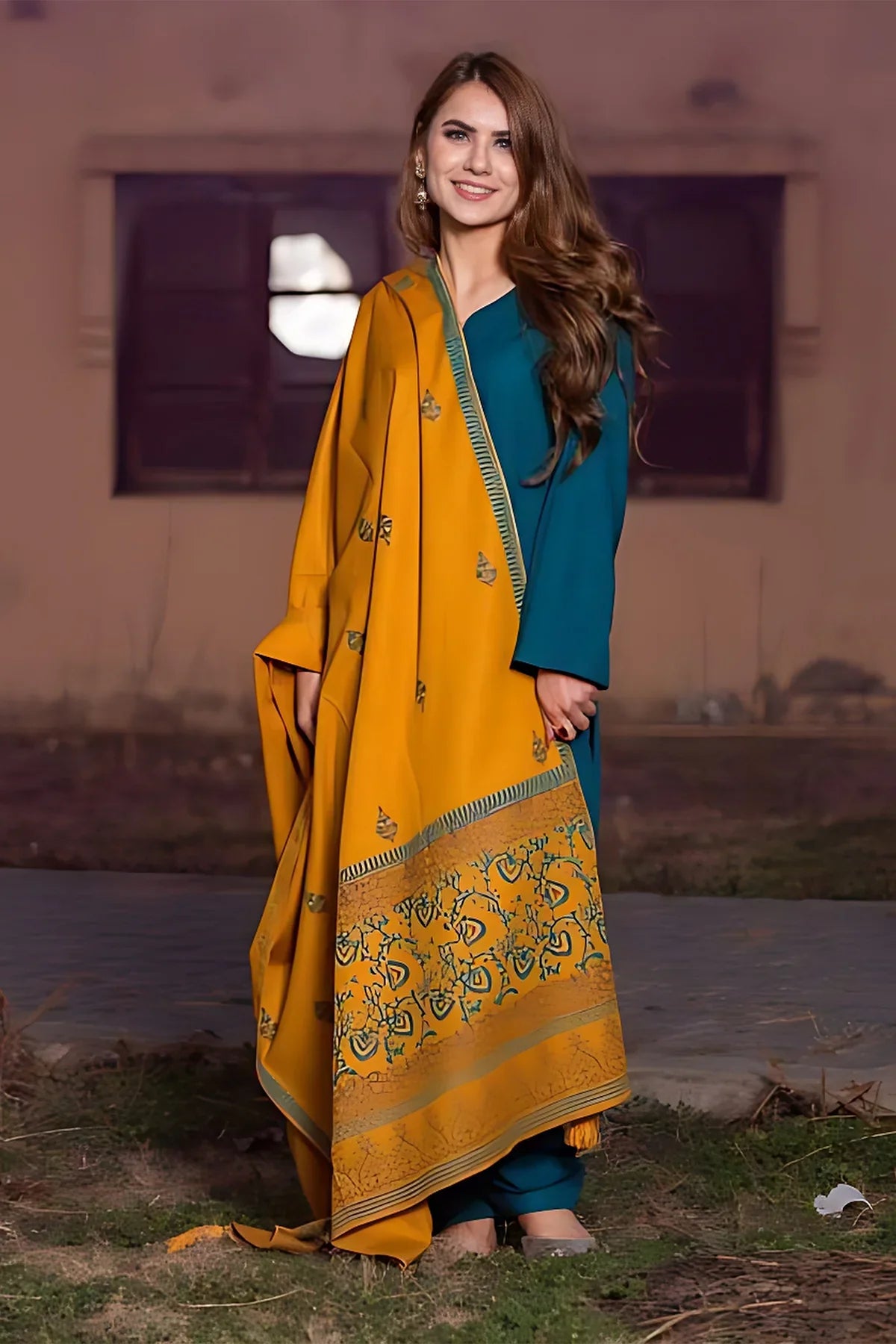 KAYSERIA- 3PC DHANAK EMBROIDERED WITH  KOTARAI  PRINTED SHAWL & DHANAK TROUSER- EP-5092