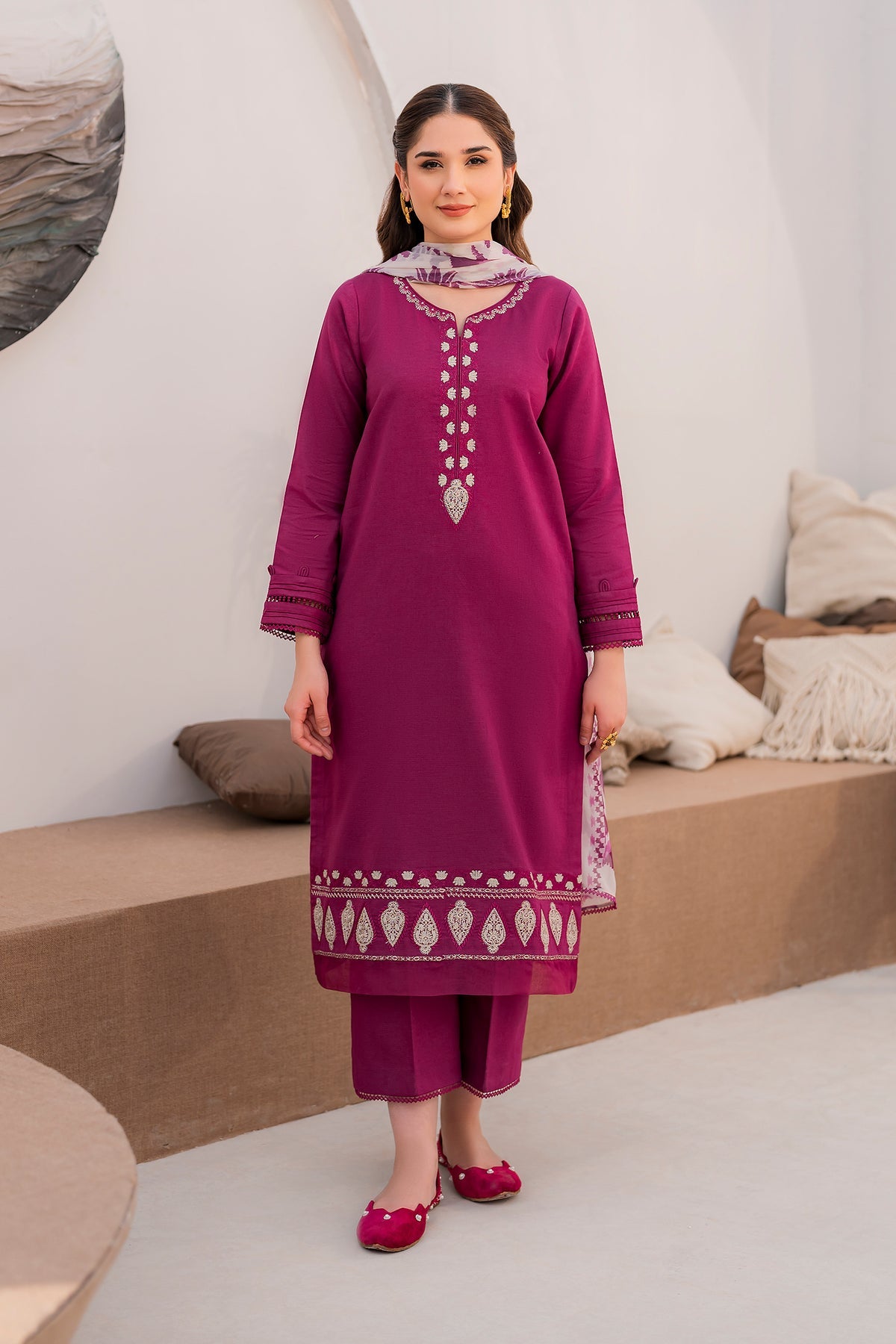 HANA- 3PC LAWN EMBROIDERED SHIRT WITH DIAMOND PRINT DUPATTA AND TROUSER-EP-5266