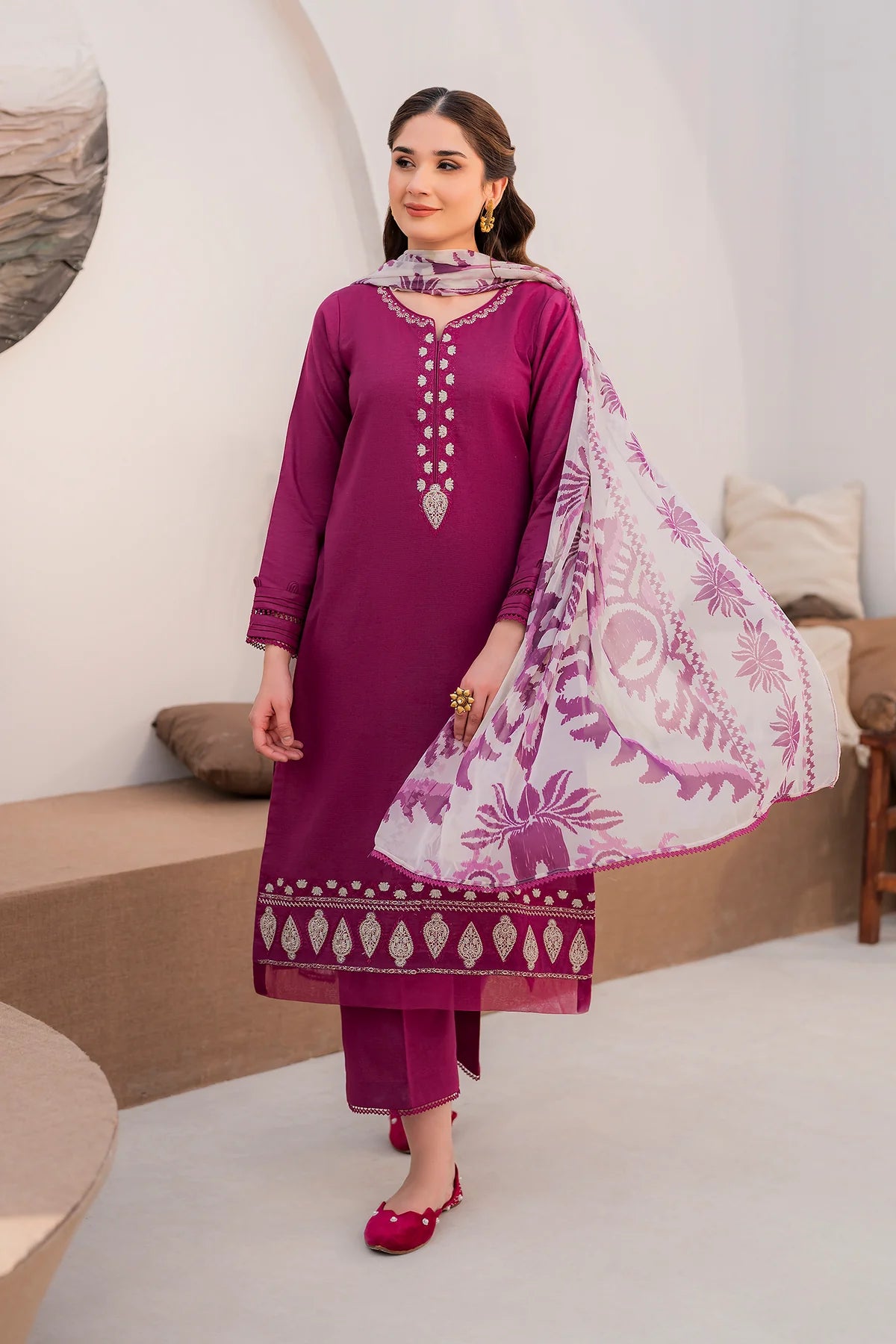 HANA- 3PC LAWN EMBROIDERED SHIRT WITH DIAMOND PRINT DUPATTA AND TROUSER-EP-5266