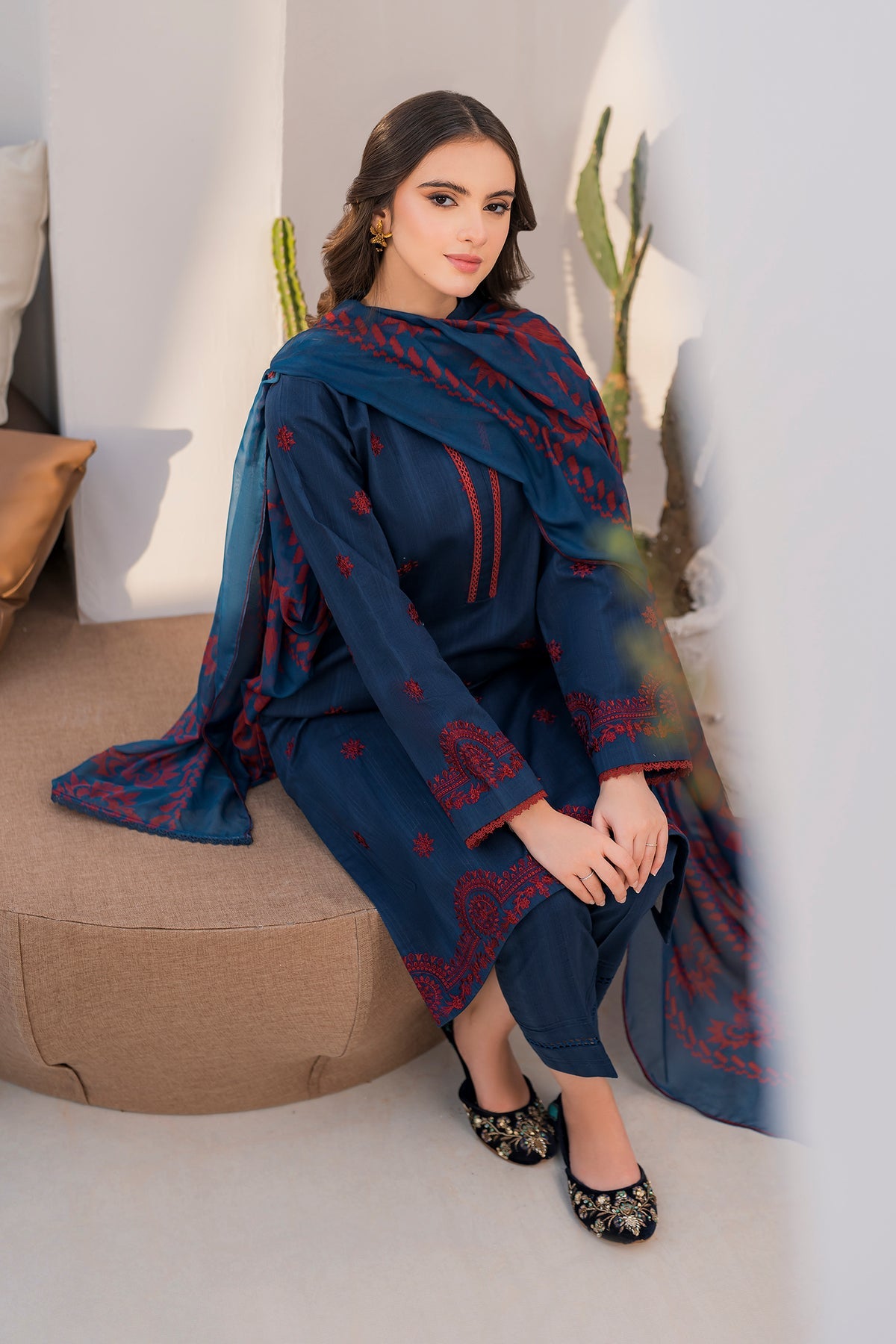 JAZMIN-3PC DHANAK EMBROIDERED SHIRT WITH TWILL PRINTED SHAWL & TROUSER-EP-5270