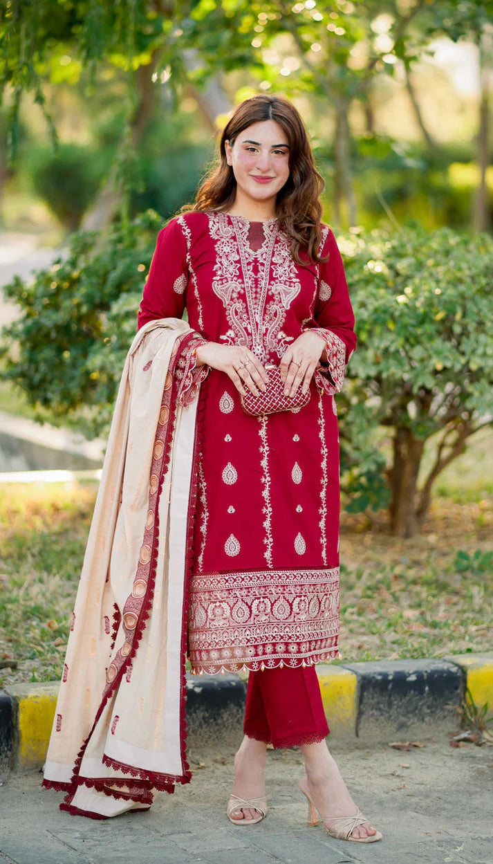 HANA- 3PC DHANAK EMBROIDERED SHIRT WITH COUTURE PRINT SHAWL & TROUSER-EP-5388