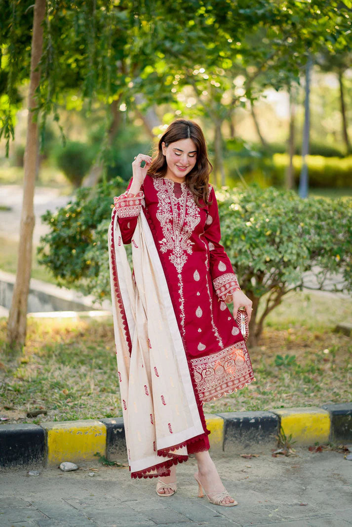 HANA- 3PC DHANAK EMBROIDERED SHIRT WITH COUTURE PRINT SHAWL & TROUSER-EP-5388