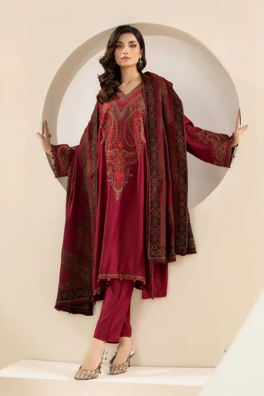 MARIA B-3PC DHANAK EMBROIDRED SHIRT WITH TWILL PRINT SHAWL & TROUSER-EP-5504