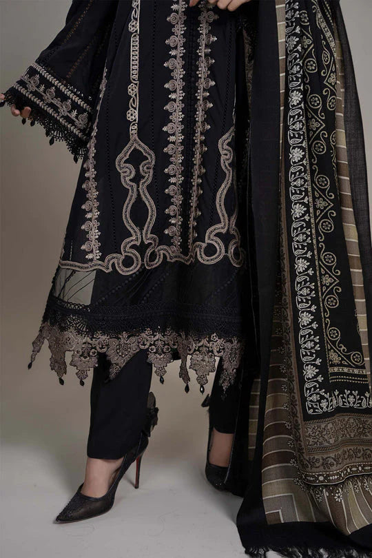 MARIA B - 3PC DHANAK HEAVY EMBROIDERED FRONT WITH COUTURE WOOL PRINTED SHAWL & DHANAK TROUSER - EP-5011