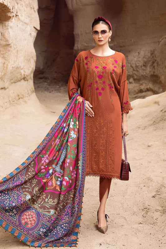 MARIA-B - 3PC DHANAK EMBROIDERED SHIRT WITH WOOL PRINT SHAWL SHAWL AND TROUSER-BIC- EP-5029