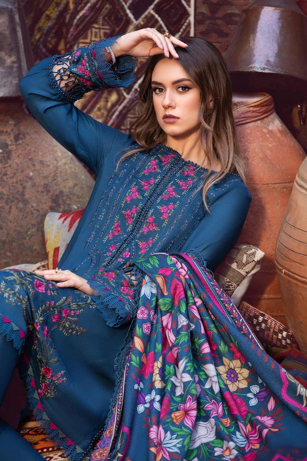 MARIA-B - 3PC DHANAK EMBROIDERED SHIRT WITH COUTURE WOOL PRINT SHAWL AND DHANAK TROUSER-BIC- EP-5028