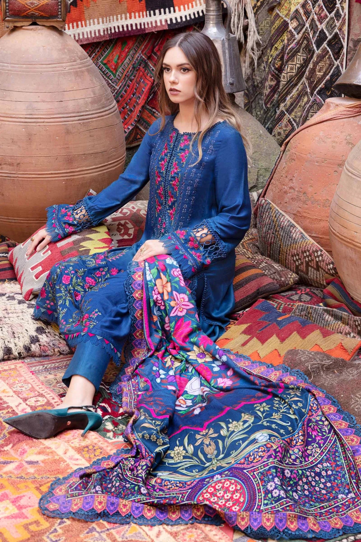 MARIA-B - 3PC DHANAK EMBROIDERED SHIRT WITH COUTURE WOOL PRINT SHAWL AND DHANAK TROUSER-BIC- EP-5028