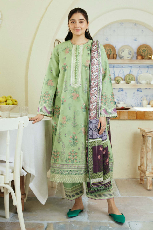 ZARA SHAHJAHAN- 3PC DHANAK EMBROIDERED SHIRT WITH COUTURE PRINTED SHAWL & EMB TROUSER -EP-5227