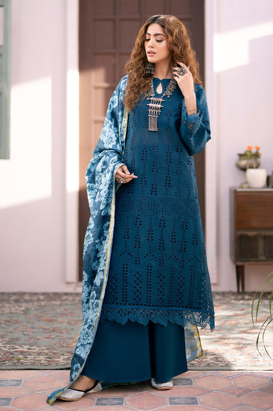 QALAMKAR - 3PC LAWN CHIKENKARI EMBROIDERED SHIRT WITH PRINTED DUPATTA AND TROUSER