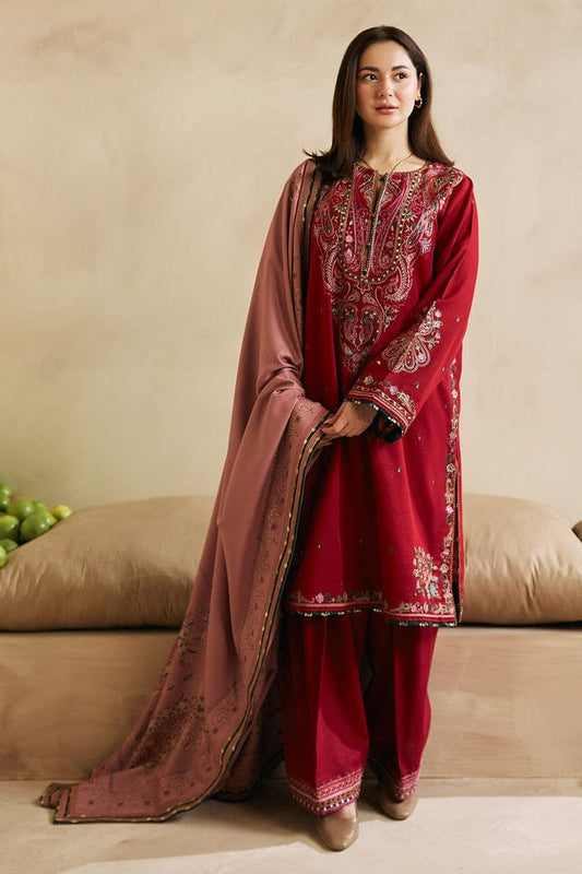 ZAHRA SHAHJAHAN- 3PC DHANAK EMBROIDERED SHIRT WITH KOTARAI WOOL PRINT SHAWL & TROUSER - EP-2106