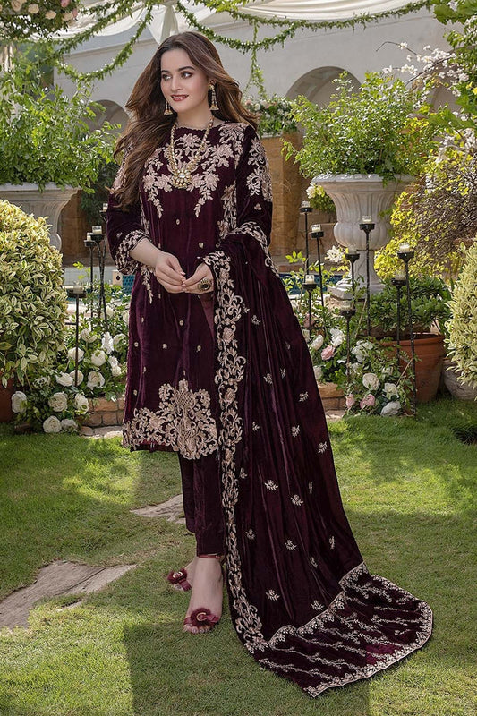 AIMAN MINAL 3PC- VELVET EMBROIDERED SHIRT WITH VELVET EMBROIDERED SHAWL AND SILK TROUSER -EP-D.005-9000.MICRO VELVET