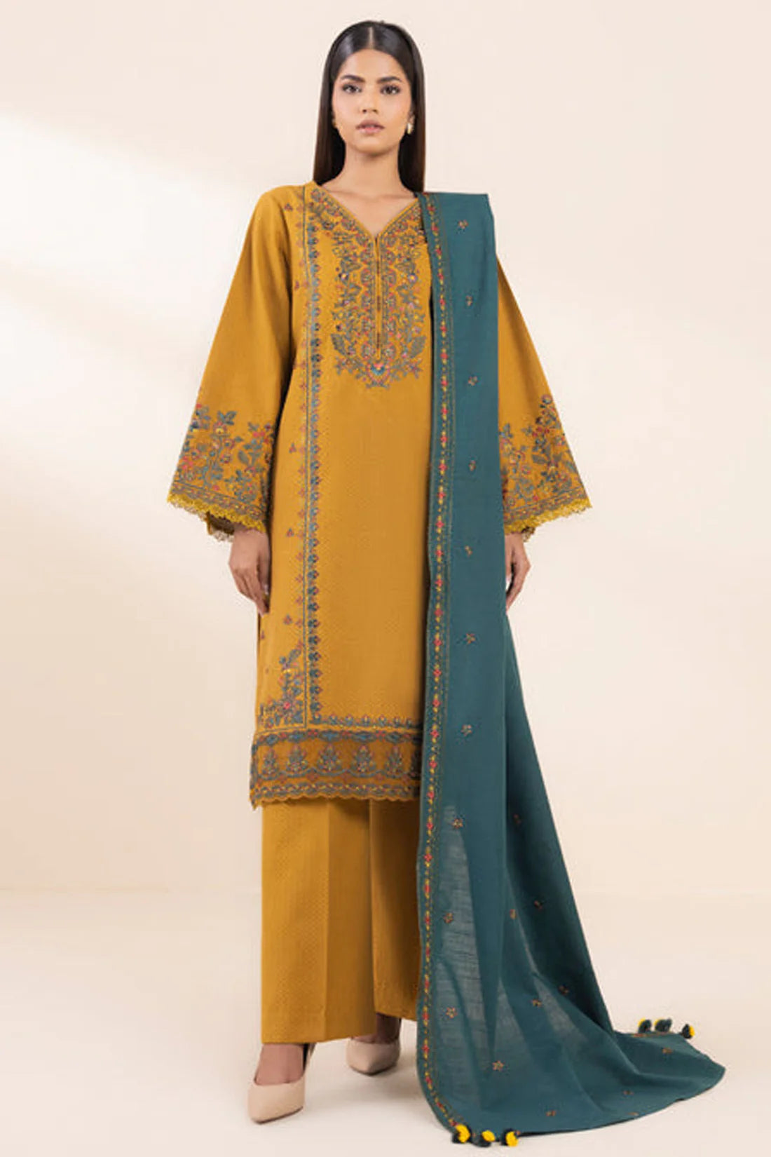 SAPPHIRE- 3PC DHANAK EMBROIDERED SHIRT WITH DHANAK EMBROIDERED SHAWL & TROUSER-EP-5485