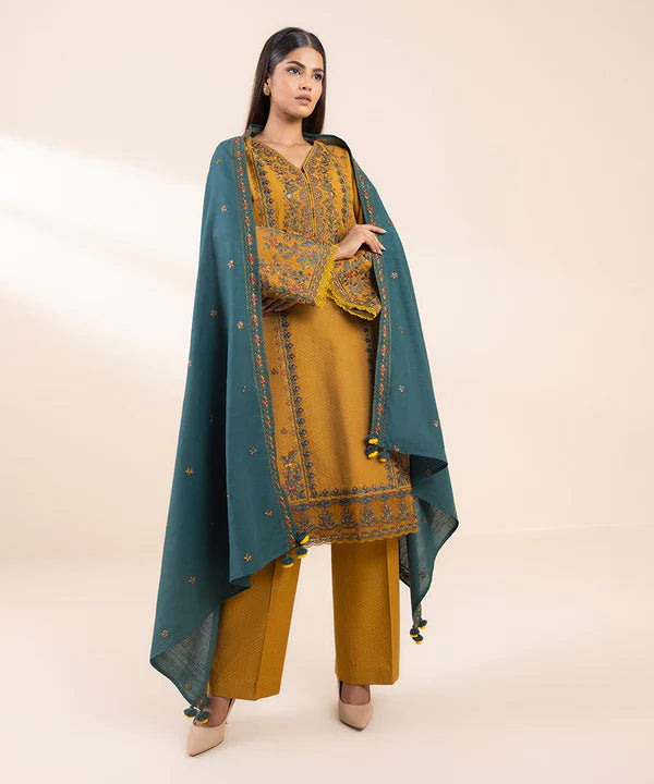 SAPPHIRE- 3PC DHANAK EMBROIDERED SHIRT WITH DHANAK EMBROIDERED SHAWL & TROUSER-EP-5485