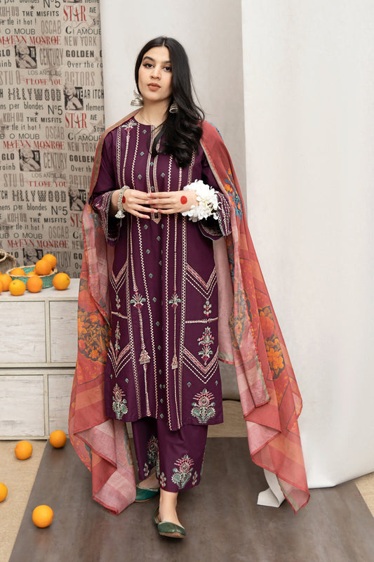 URGE- 3PC DHANAK EMBROIDERED SHIRT WITH KOTARAI PRINTED SHAWL DUPATTA AND EMBROIDERED TROUSER-EP-5193