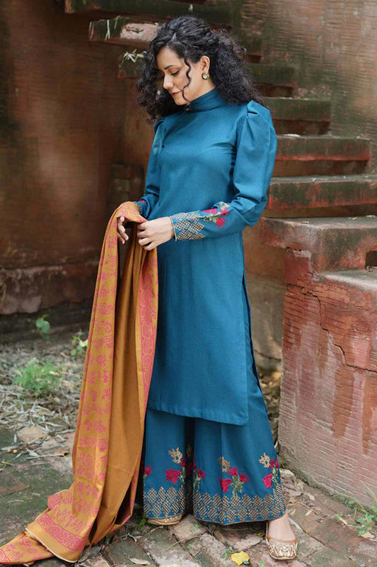 MARIA B - 3PC DHANAK SHIRT WITH WOOL PRINTED SHAWL & EMBROIDERED TROUSER_EP_5356