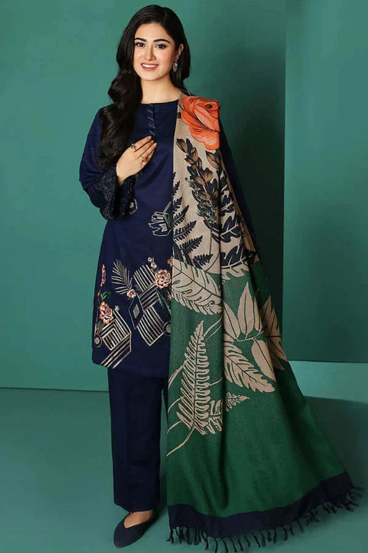 NISHAT- 3PC DHANAK EMBROIDERED SHIRT WITH WOOL PRINT SHAWL AND TROUSER-EP-5370