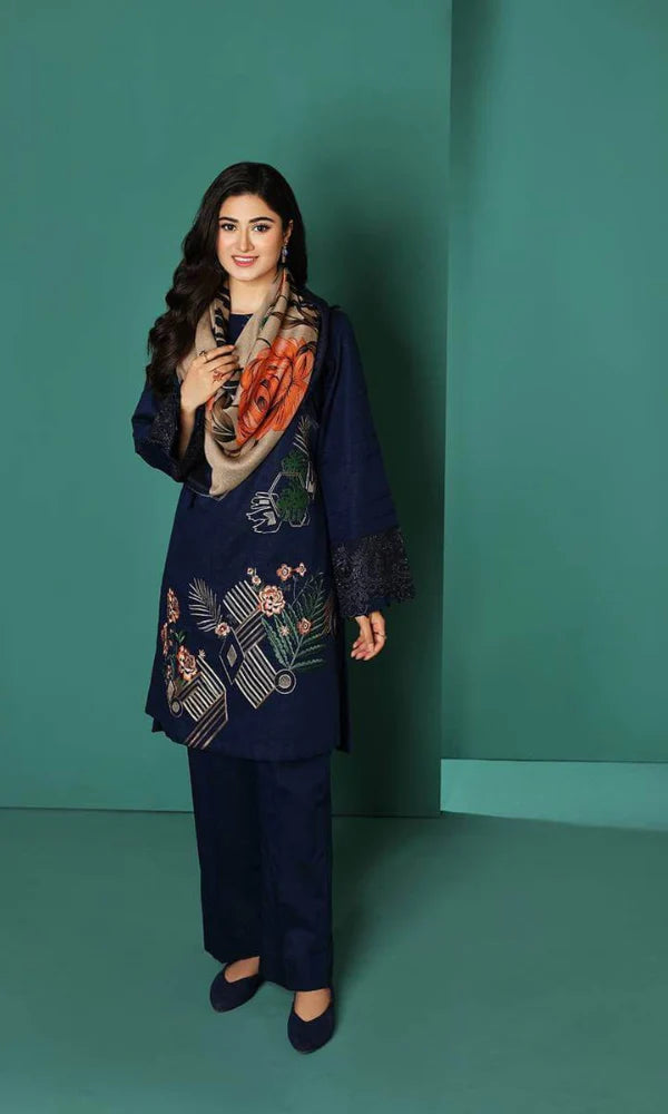 NISHAT- 3PC DHANAK EMBROIDERED SHIRT WITH WOOL PRINT SHAWL AND TROUSER-EP-5370