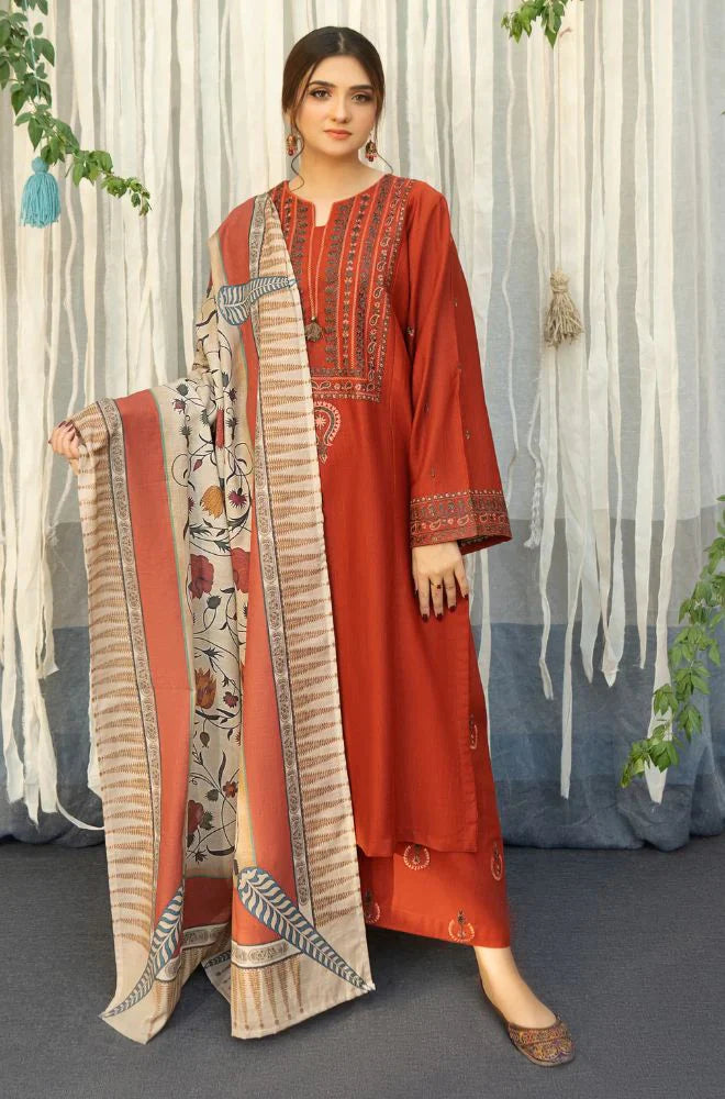 URGE - 3PC DHANAK EMBROIDERED SHIRT WITH KOTARAI PRINTED SHAWL AND EMBROIDERED TROUSER- EP-5014