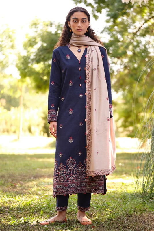 MARIA B- 3PC DHANAK EMBROIDERED SHIRT WITH DHANAK EMBROIDERED SHAWL & EMB TROUSER -EP-5355