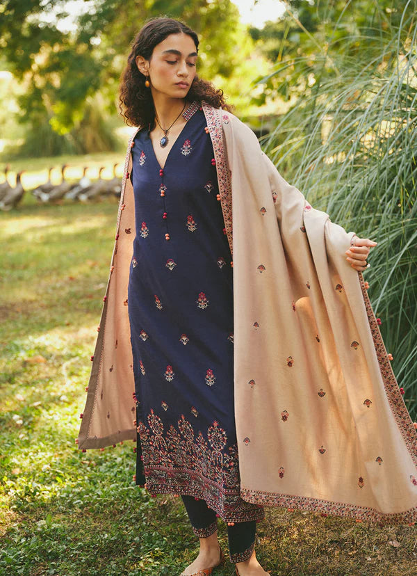 MARIA B- 3PC DHANAK EMBROIDERED SHIRT WITH DHANAK EMBROIDERED SHAWL & EMB TROUSER -EP-5355