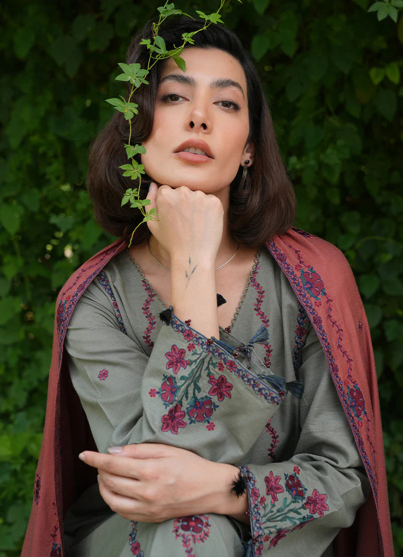 IMAGE - 3PC KHADDAR EMBROIDERED SHIRT WITH DHANAK EMBROIDERED SHAWL & TROUSER-EP-5505