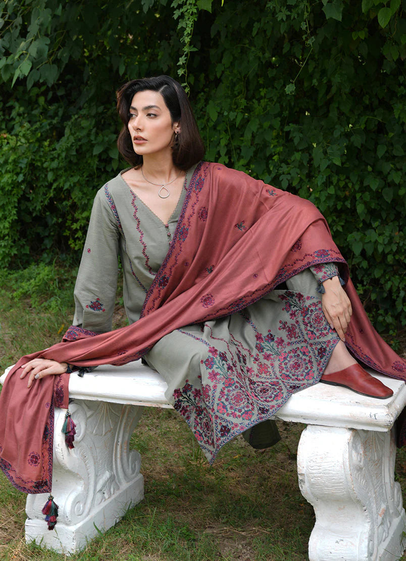 IMAGE - 3PC KHADDAR EMBROIDERED SHIRT WITH DHANAK EMBROIDERED SHAWL & TROUSER-EP-5505