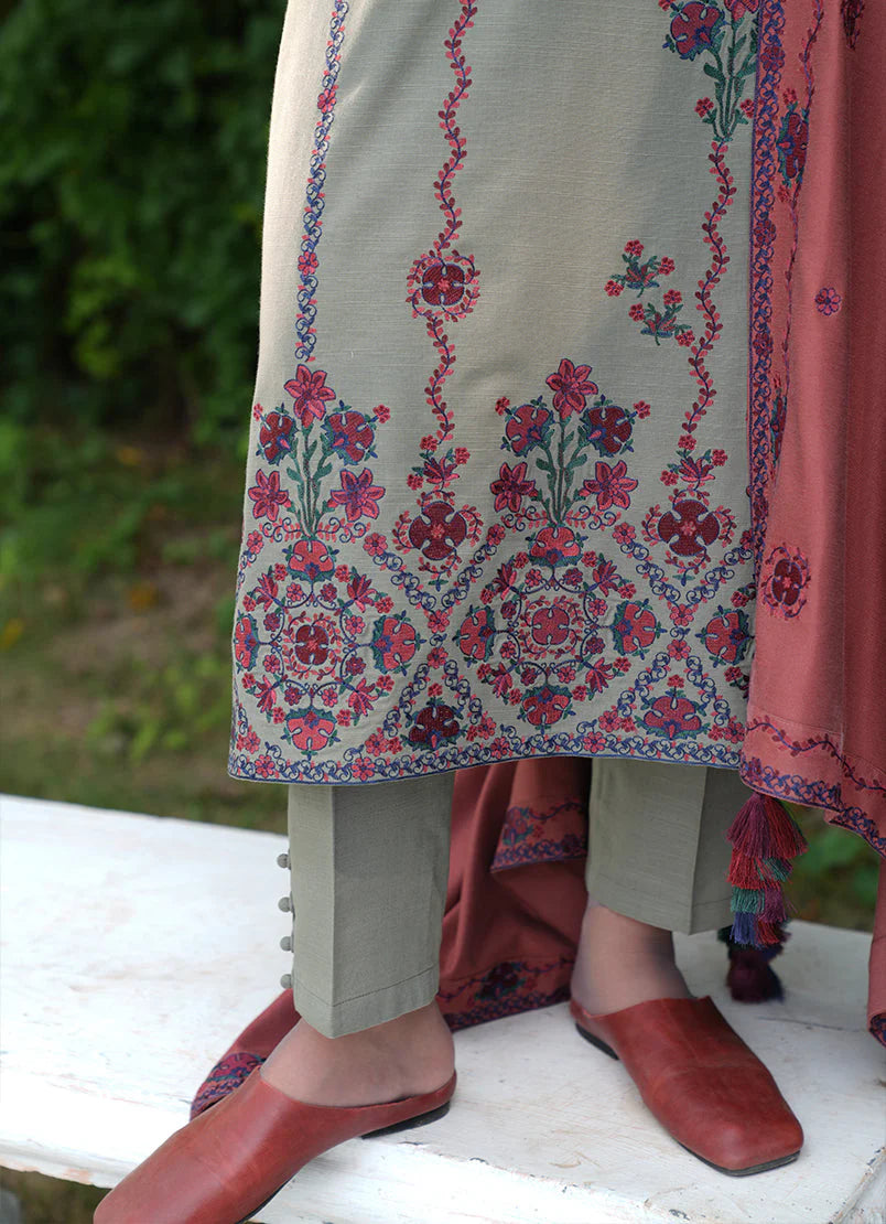 IMAGE - 3PC KHADDAR EMBROIDERED SHIRT WITH DHANAK EMBROIDERED SHAWL & TROUSER-EP-5505