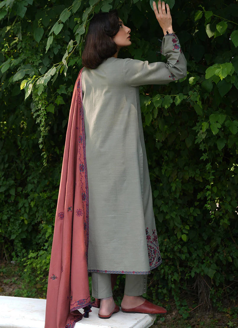 IMAGE - 3PC KHADDAR EMBROIDERED SHIRT WITH DHANAK EMBROIDERED SHAWL & TROUSER-EP-5505