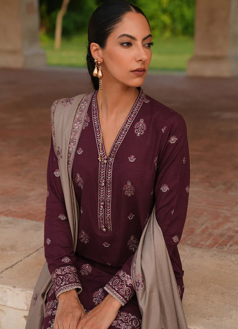 IMAGE - 3PC DHANAK EMBROIDERED SHIRT WITH DHANAK EMBROIDERED SHAWL AND TROUSER -EP-5412