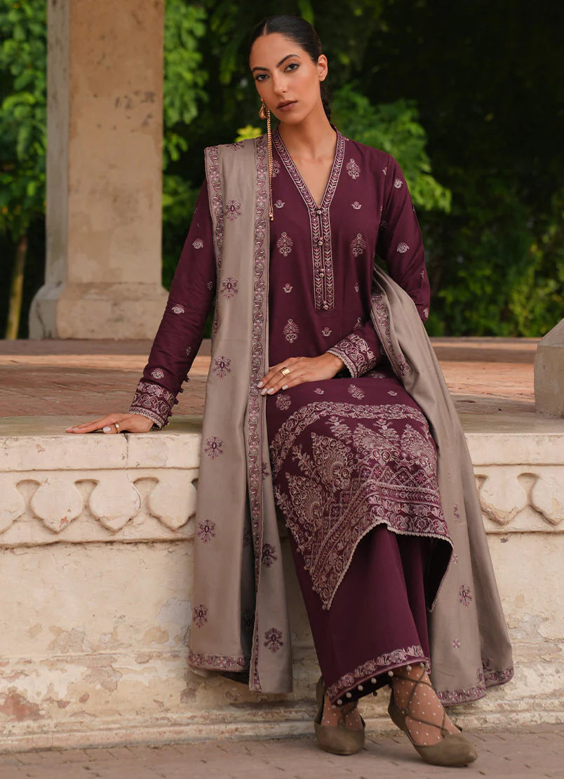 IMAGE - 3PC DHANAK EMBROIDERED SHIRT WITH DHANAK EMBROIDERED SHAWL AND TROUSER -EP-5412