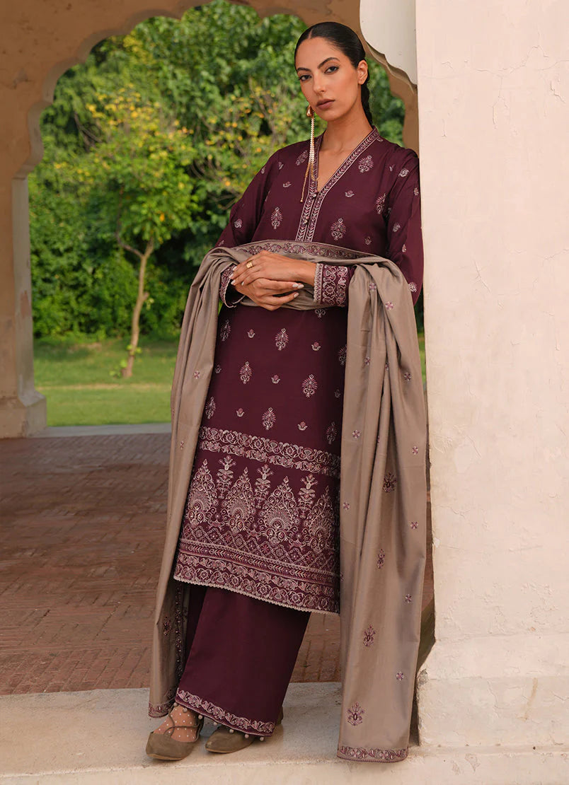 IMAGE - 3PC DHANAK EMBROIDERED SHIRT WITH DHANAK EMBROIDERED SHAWL AND TROUSER -EP-5412