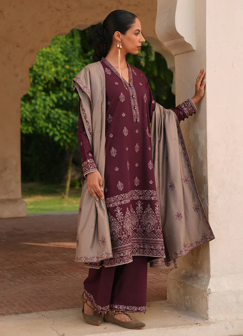 IMAGE - 3PC DHANAK EMBROIDERED SHIRT WITH DHANAK EMBROIDERED SHAWL AND TROUSER -EP-5412