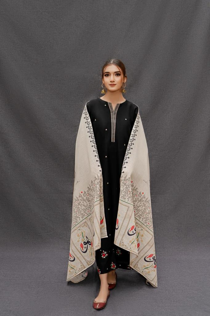 URGE - 3PC DHANAK EMBROIDERED SHIRT WITH TWILL PRINTED SHAWL & TROUSER- EP-3105