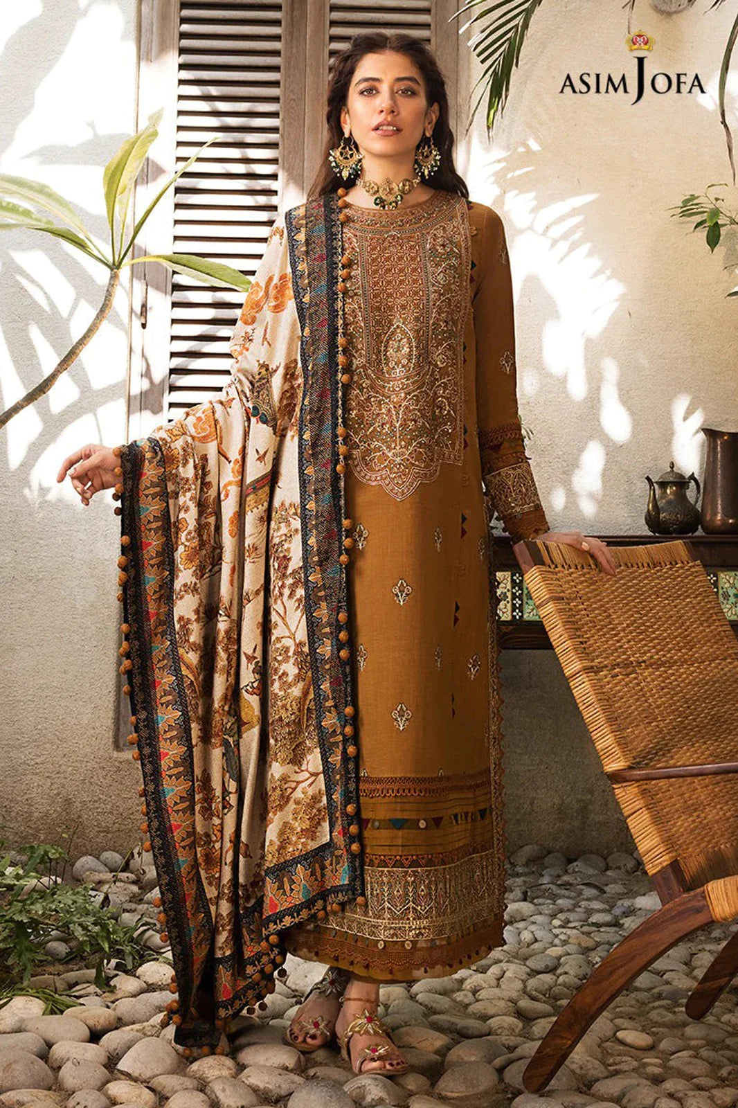 ASIM JOFA-3PC DHANAK EMBROIDERED SHIRT WITH WOOL PRINTED SHAWL & TROUSER-EP-5125