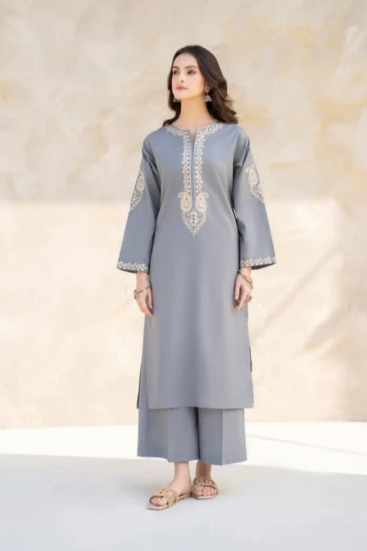 HANA- 2PC DHANAK  EMBROIDERED SHIRT WITH DHANAK  EMBROIDERED SLEEVES AND TROUSER-EP-5368