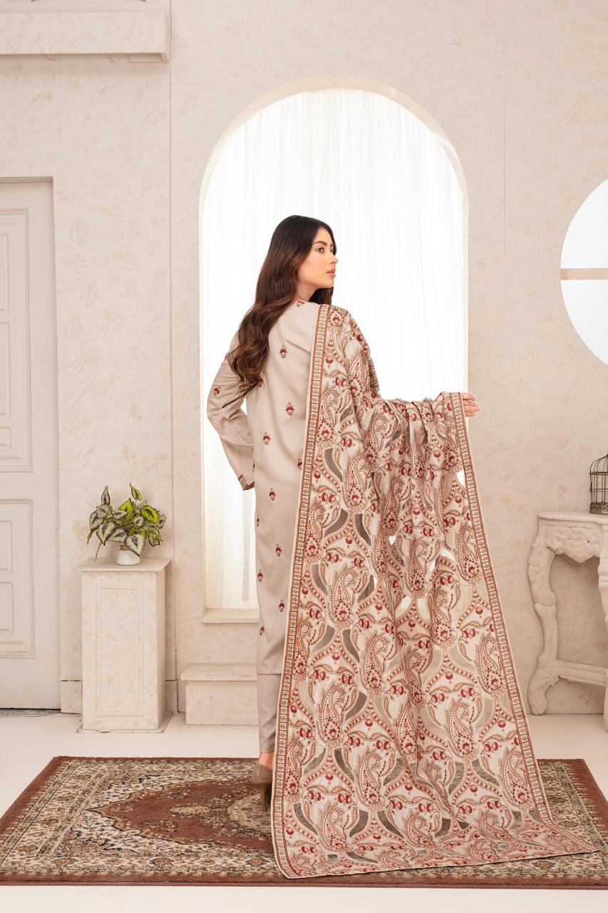 ELAAN.PK -3PC DHANAK EMBROIDERED SHIRT WITH DHANAK HEAVY CUTWORK EMBROIDERED SHAWL AND TROUSER-EP-003