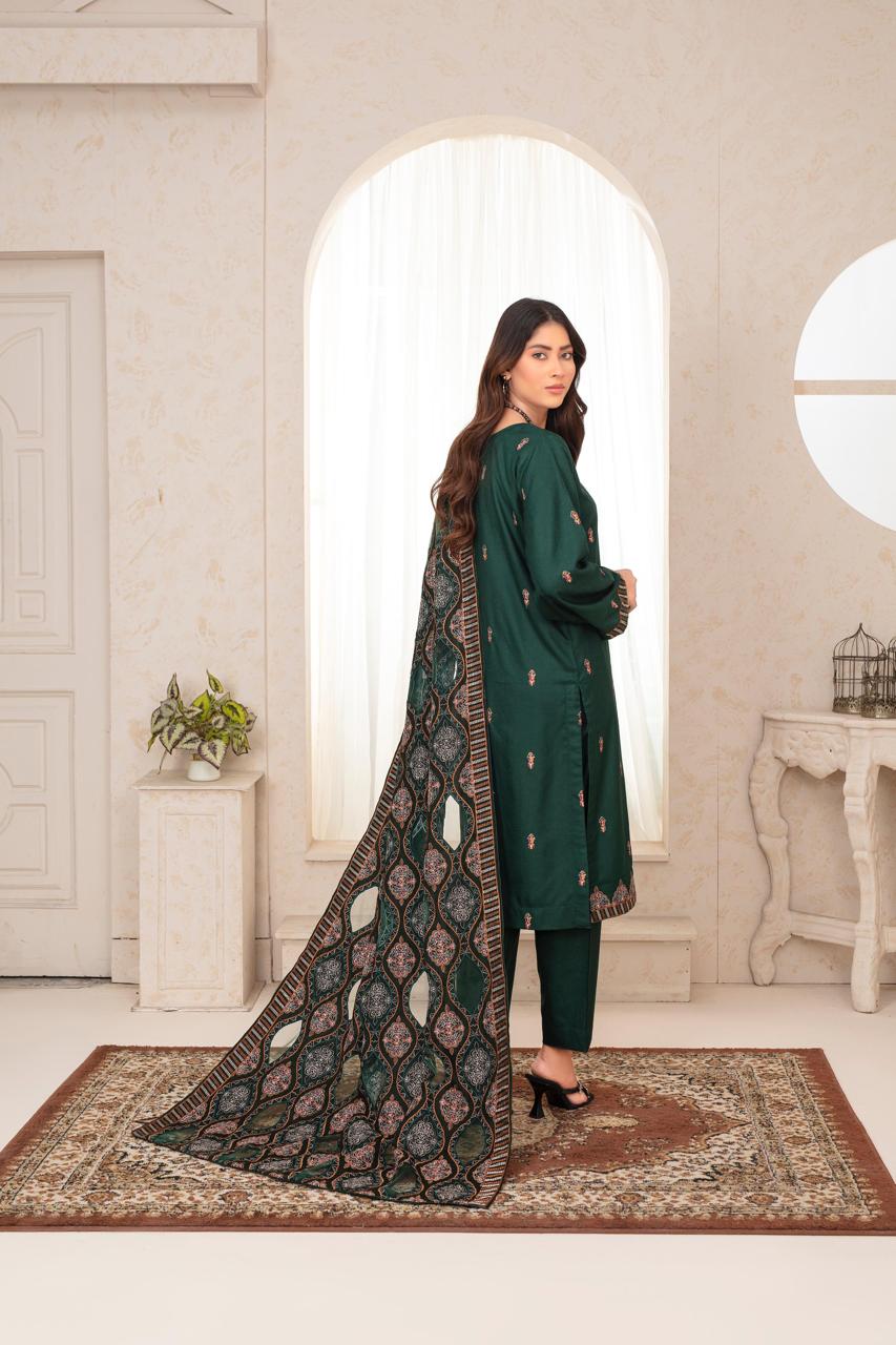 ELAAN.PK -3PC DHANAK EMBROIDERED SHIRT WITH DHANAK HEAVY CUTWORK EMBROIDERED SHAWL AND TROUSER-EP-004