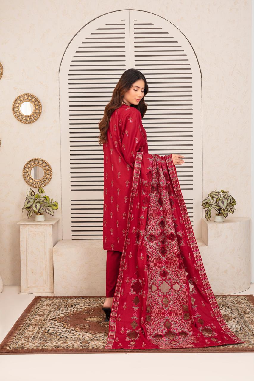 ELAAN.PK -3PC DHANAK EMBROIDERED SHIRT WITH DHANAK HEAVY CUTWORK EMBROIDERED SHAWL AND TROUSER-EP-001