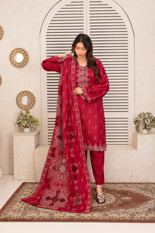 ELAAN.PK -3PC DHANAK EMBROIDERED SHIRT WITH DHANAK HEAVY CUTWORK EMBROIDERED SHAWL AND TROUSER-EP-001